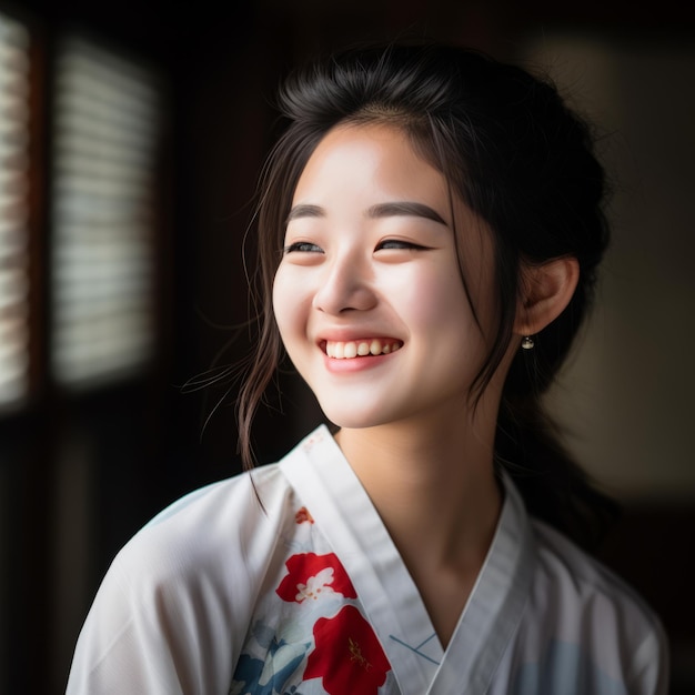 키모노를 입은 젊은 아시아 여성이 웃고 있습니다.