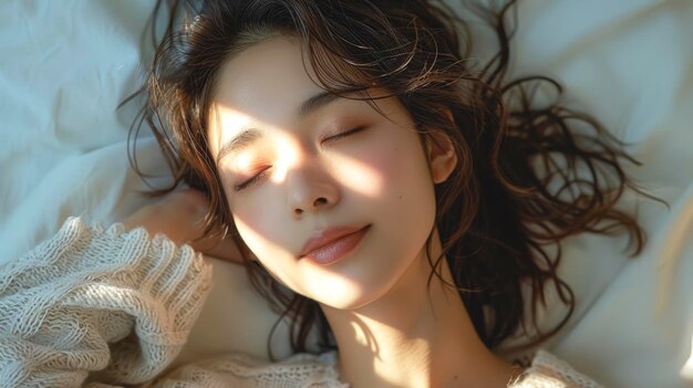 A young asian woman lies on white sheets with her eyes closed