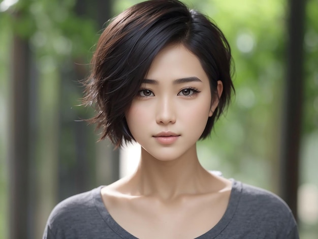 Молодая азиатка с длинными волосами заплетает косу с натуральным макияжем на лице и держит чистую свежую кожу