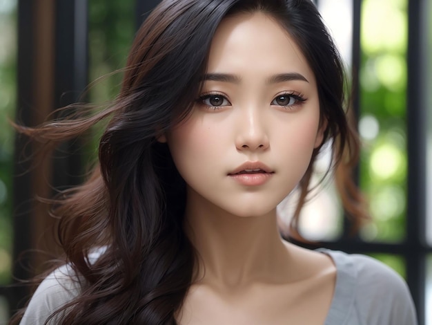 Молодая азиатка с длинными волосами и натуральным макияжем на лице имеет пухлые губы и чистую свежую кожу.