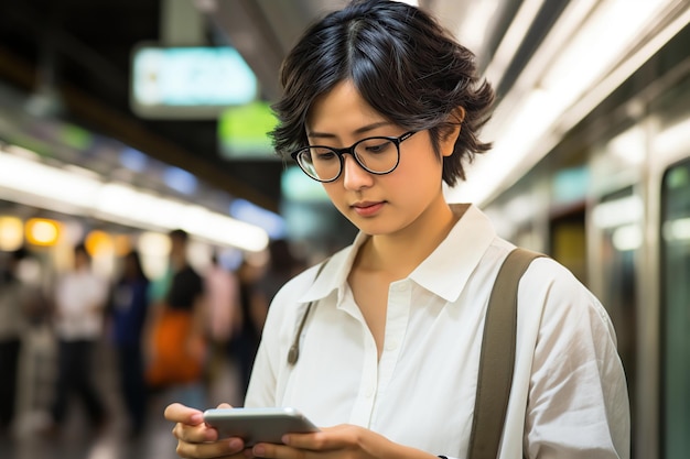 地下鉄駅で携帯電話を見ている若いアジア人女性