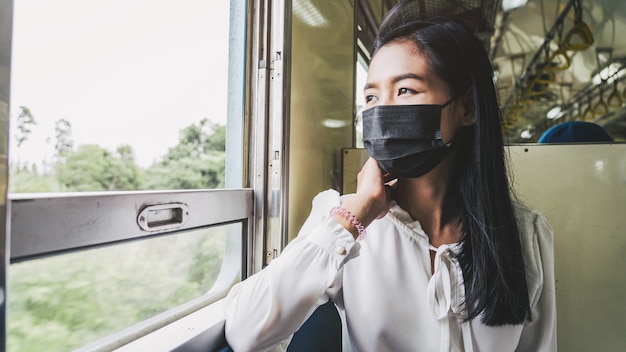 電車の中で座っている間、窓の外を見ている若いアジアの女性。