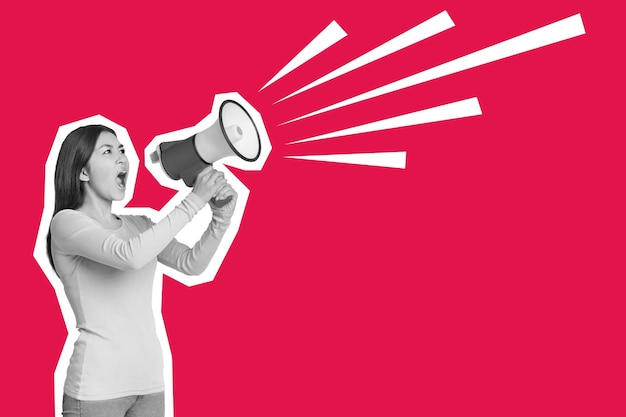 young asian woman making announcement using megaphone collage