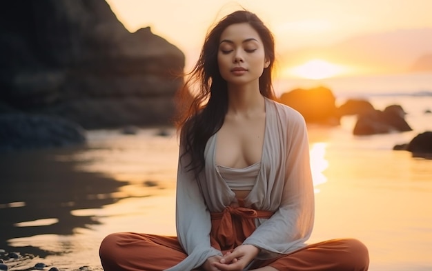 Young Asian Woman Meditating Around the Sea