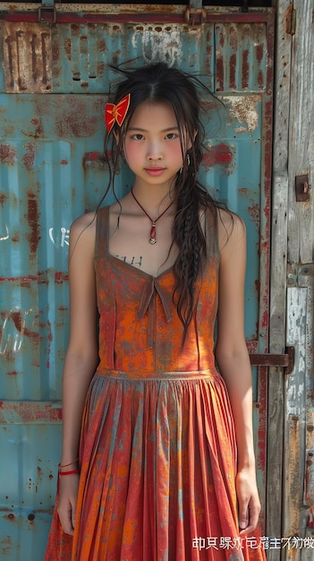 アジアの女性モデルはこの肖像画の生<unk>の背景にクロップトップを着てポーズをとりテキストまたは製品のためのスペースがあります