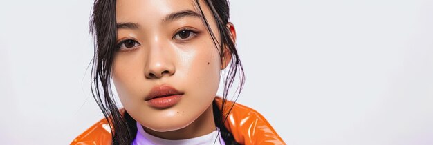 오렌지색 옷을 입은 젊은 아시아 여성이 배경에서 고립되어 있습니다.