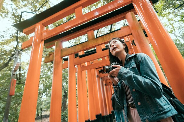 Young asian woman photographer taking pictures with\
professional photo gear in kyoto japan famous attraction fushimi\
inari temple. female photography hobby lover focused taking photos\
with slr camera