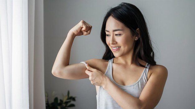 Photo young asian woman pinching loose skin or flab on her upper arm on white wall