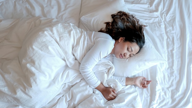 Young Asian woman in plain t-shirts on the luxury white bed.