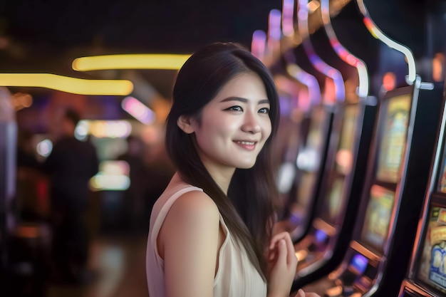 Photo young asian woman playing slot machine in casino casino concept generative ai