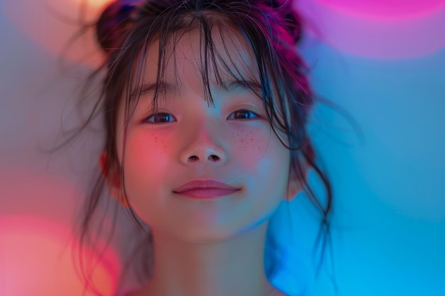 Портрет молодой азиатской женщины с красочным неоновым освещением и выразительным взглядом