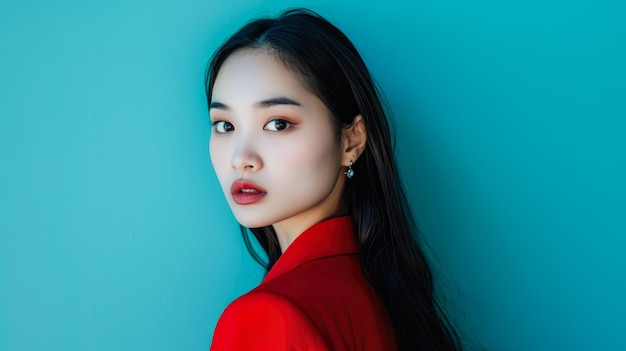 Young Asian woman portrait with a turquoise background with copyspace