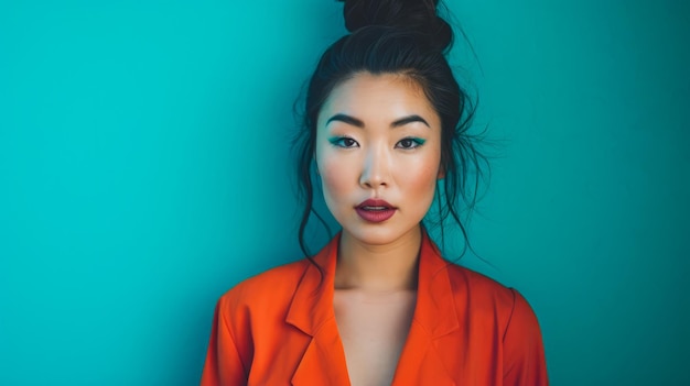 Photo young asian woman portrait with a turquoise background with copyspace