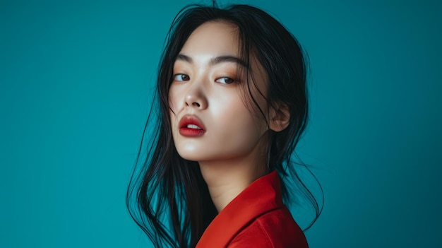 Young Asian woman portrait with a turquoise background with copyspace