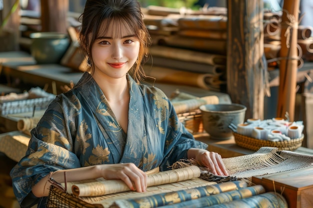 Молодая азиатка позирует в традиционной одежде с ремесленными изделиями в деревенской мастерской