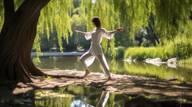 A young Asian woman practicing Tai Chi in a park on a sunny day