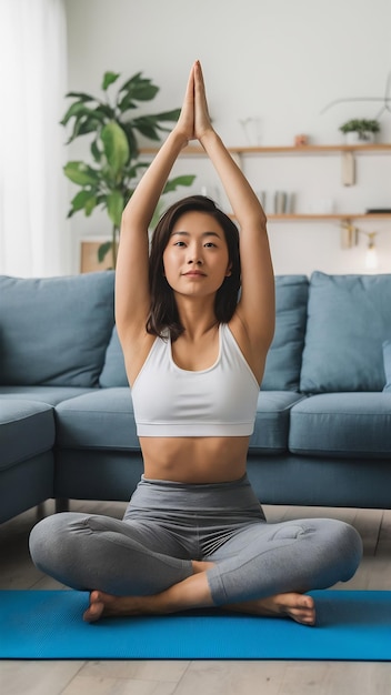 Young asian woman practicing yoga in living room