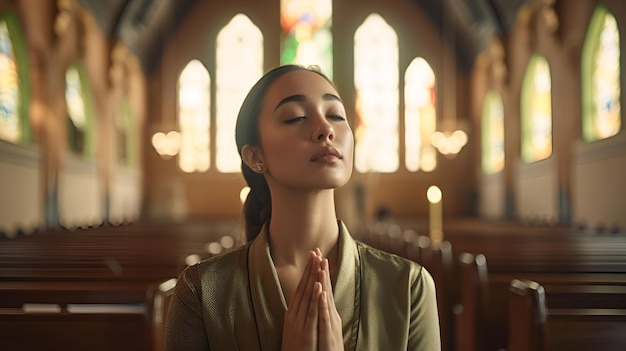 A young asian woman prays in a church 1