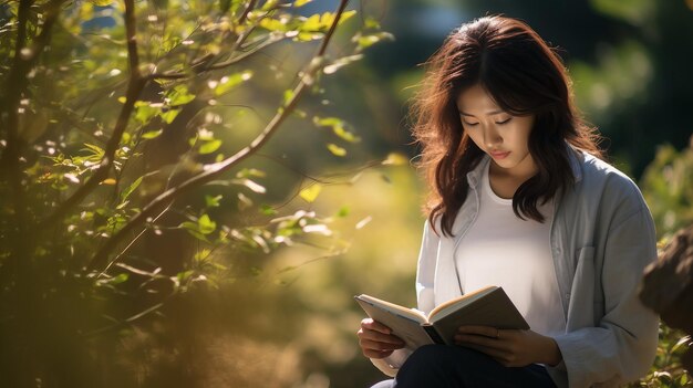 図書館で本を読んでいる若いアジア人女性