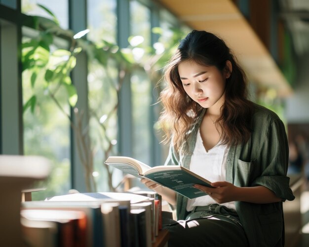 太陽に照らされた図書館で本を読んでいる若いアジア人女性