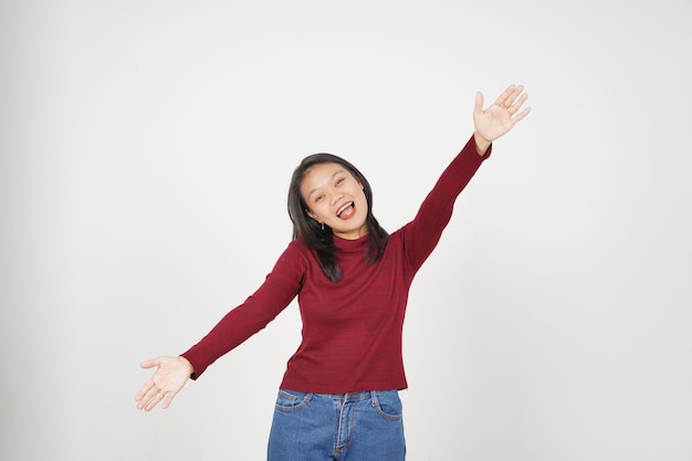 Young Asian woman in Red tshirt Give a Hug isolated on white background