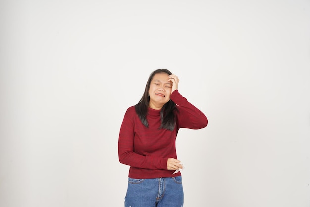 Young Asian woman in Red tshirt sad crying isolated on white background