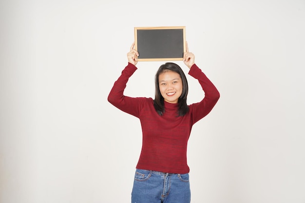 Young Asian woman in Red tshirt Showing and holding black or chalk board sign isolated on white background