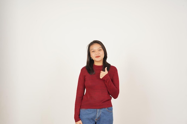 Young Asian woman in Red tshirt Showing Thumb Up Agree Concept isolated on white background