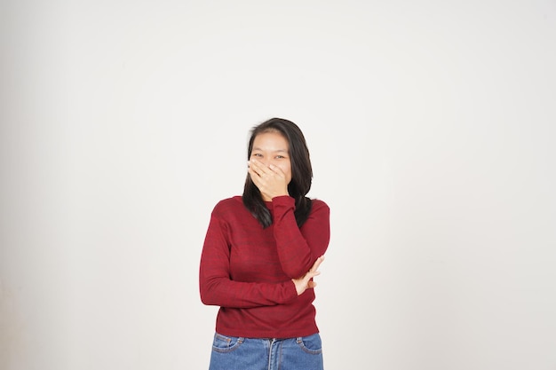 Young Asian woman in Red tshirt smiling and looking at camera isolated on white background