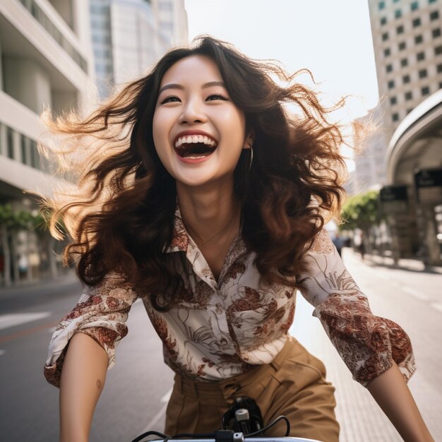 Photo young asian woman riding bike