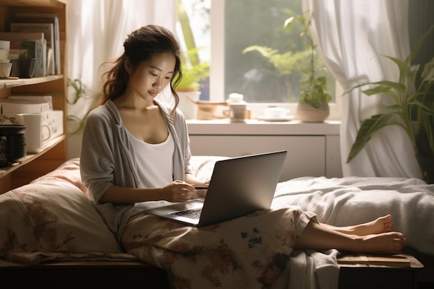 사진 젊은 아시아 여성이 노트북 컴퓨터를 가지고 집에 앉아 웹사이트를 탐색하거나 공부하고 있습니다.