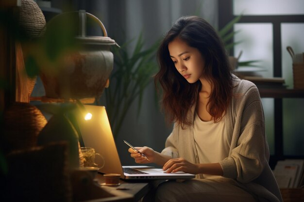젊은 아시아 여성이 노트북 컴퓨터를 가지고 집에 앉아 웹사이트를 탐색하거나 공부하고 있습니다.
