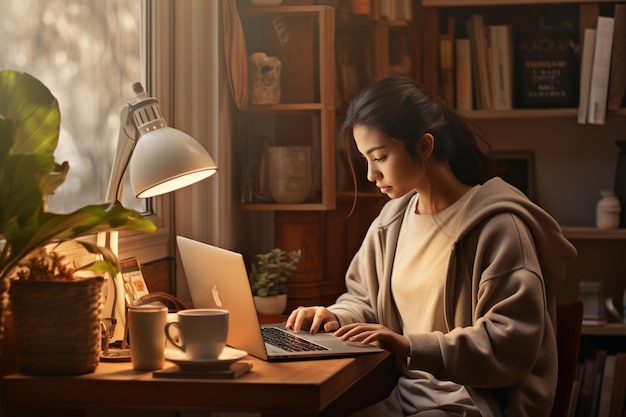 アジアの若い女性がラップトップコンピュータを持って自宅に座ってウェブサイトをブラウジングしたり勉強したりしています