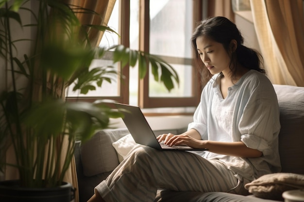 young asian woman sitting at home with laptop computer girl browsing websites or studying