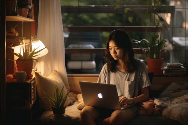 young asian woman sitting at home with laptop computer girl browsing websites or studying