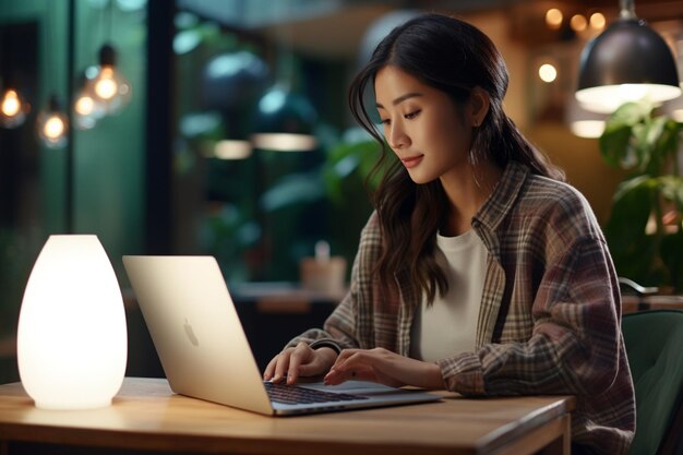 young asian woman sitting at home with laptop computer girl browsing websites or studying