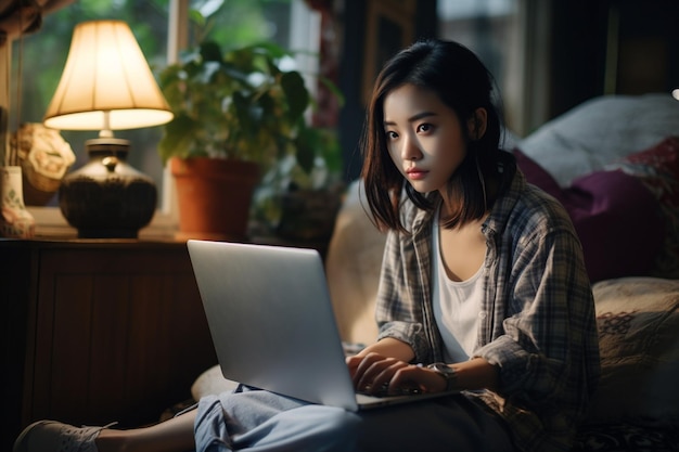young asian woman sitting at home with laptop computer girl browsing websites or studying