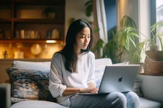 young asian woman sitting at home with laptop computer girl browsing websites or studying