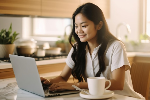 young asian woman sitting at home with laptop computer girl browsing websites or studying