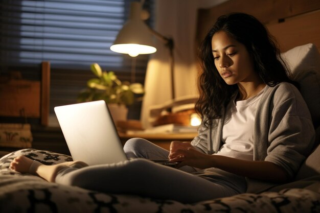 젊은 아시아 여성이 노트북 컴퓨터를 가지고 집에 앉아 웹사이트를 탐색하거나 공부하고 있습니다.