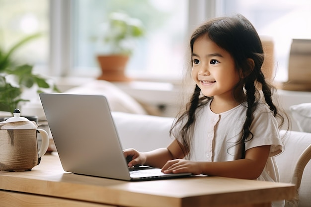 young asian woman sitting at home with laptop computer girl browsing websites or studying