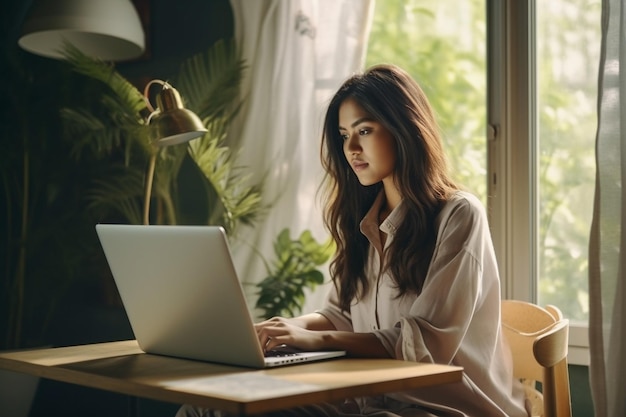 young asian woman sitting at home with laptop computer girl browsing websites or studying