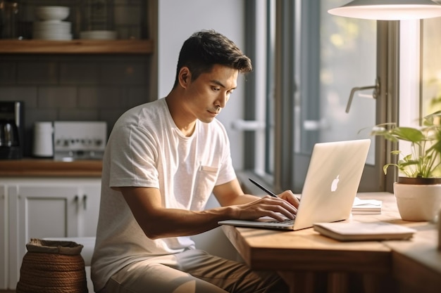 young asian woman sitting at home with laptop computer girl browsing websites or studying