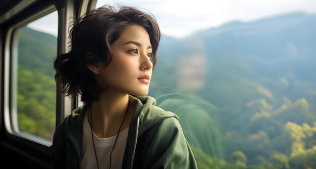 Photo young asian woman sitting in the train near the window slow travel concept