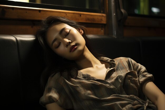 Young Asian woman sleeping peacefully on indoor bench