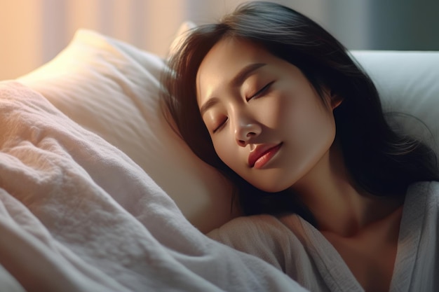 ベッドでよく眠っている若いアジアの女性