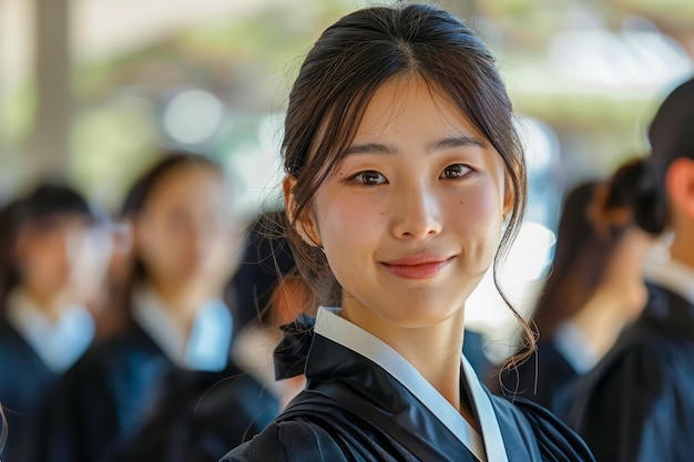 Молодая азиатка улыбается в выпускном платье с сверстниками на заднем плане