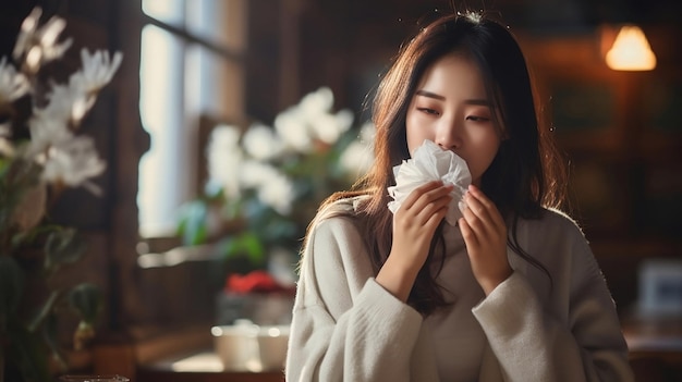 Young asian woman sneezing in tissue in coffee shop