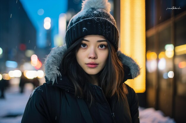 Young Asian woman standing on the streets on a city winter scene