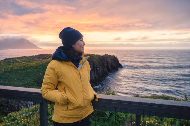 아이슬란드 동쪽 여름에 Borgarfjordur Eystri의 북극해 사이 절벽에서 퍼핀 새를 보고 서 있는 젊은 아시아 여성